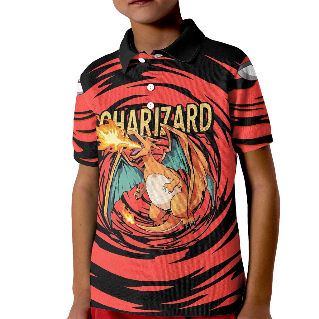 Charizard Pokémon Red and Black Swirl Design Kid Polo Shirt with Flames, Pokéball Accents, and Dynamic Fire-Breathing Pose - The Mazicc