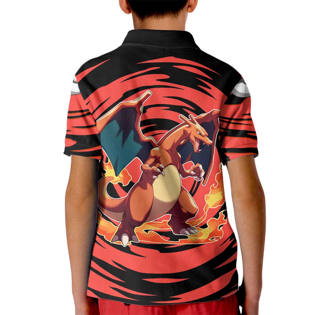 Charizard Pokémon Red and Black Swirl Design Kid Polo Shirt with Flames, Pokéball Accents, and Dynamic Fire-Breathing Pose - The Mazicc