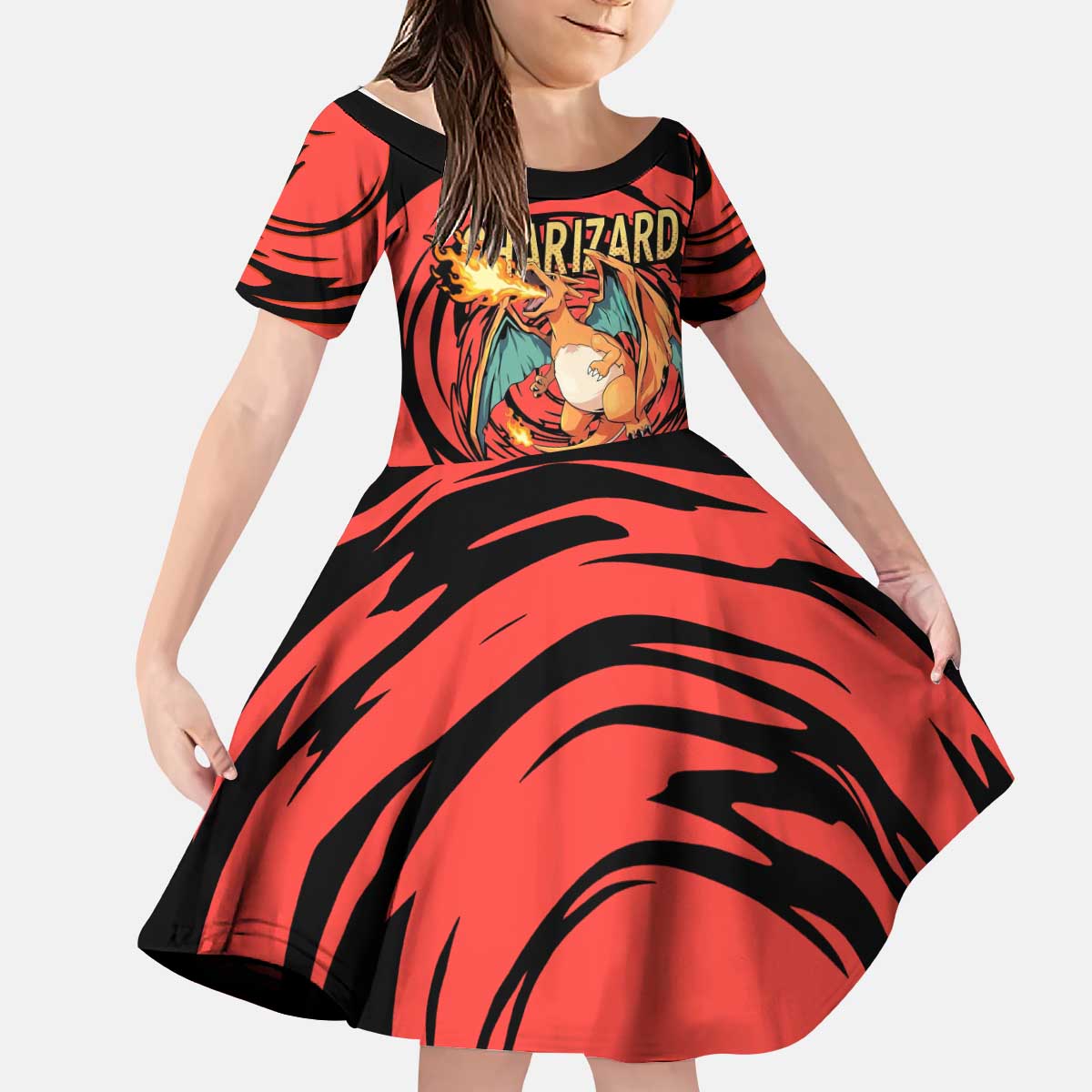 Charizard Pokémon Red and Black Swirl Design Kid Short Sleeve Dress with Flames, Pokéball Accents, and Dynamic Fire-Breathing Pose - The Mazicc