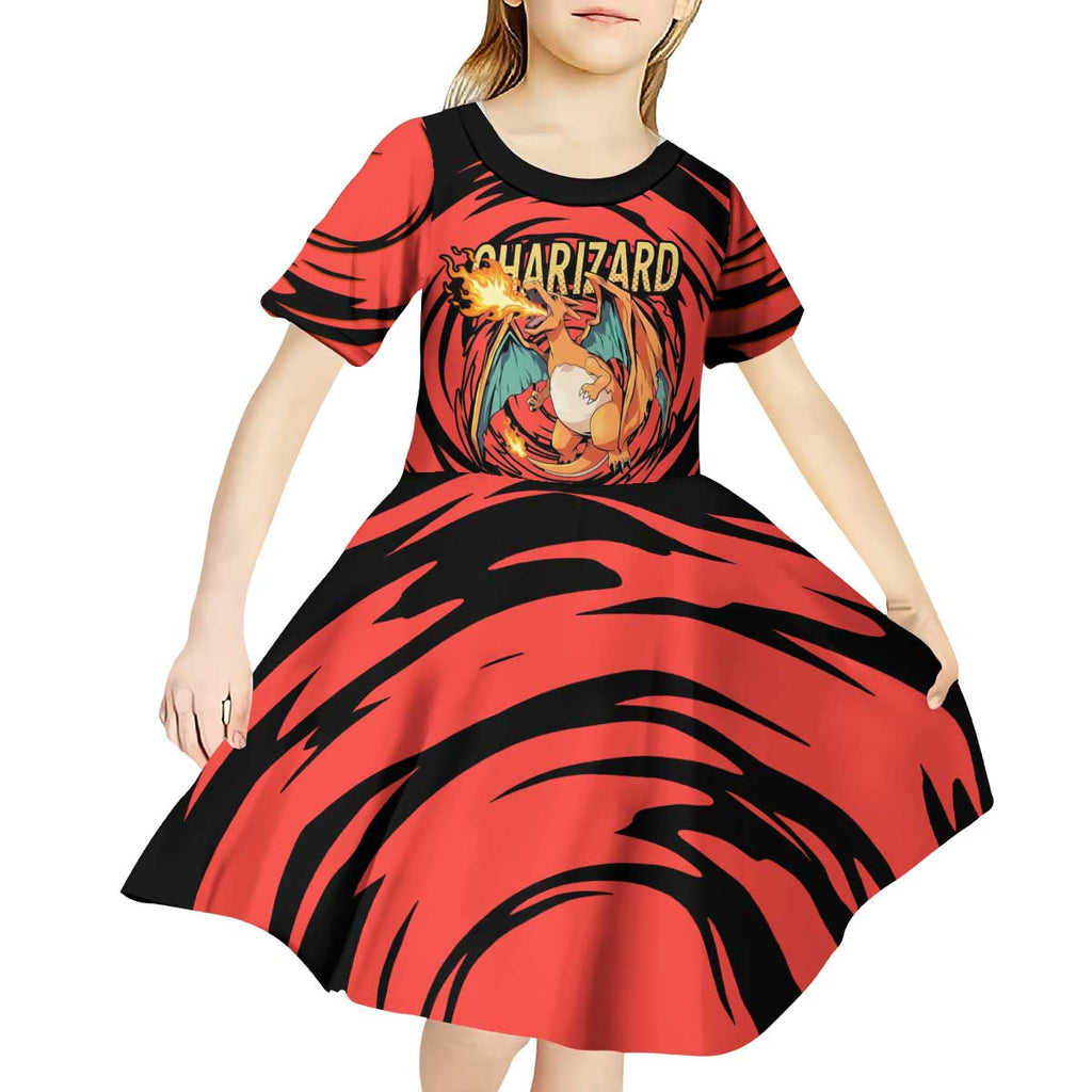 Charizard Pokémon Red and Black Swirl Design Kid Short Sleeve Dress with Flames, Pokéball Accents, and Dynamic Fire-Breathing Pose - The Mazicc