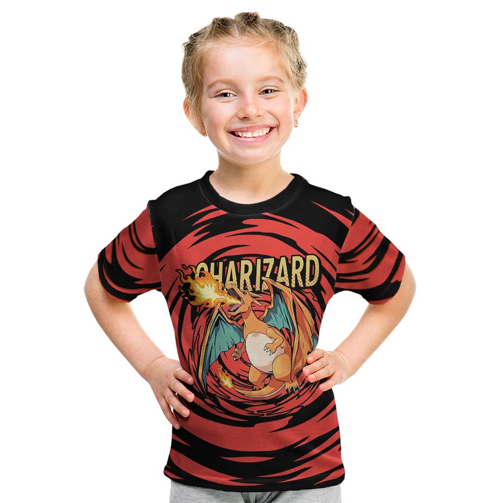 Charizard Pokémon Red and Black Swirl Design Kid T Shirt with Flames, Pokéball Accents, and Dynamic Fire-Breathing Pose - The Mazicc