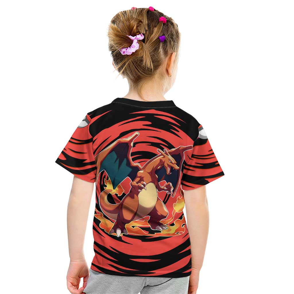 Charizard Pokémon Red and Black Swirl Design Kid T Shirt with Flames, Pokéball Accents, and Dynamic Fire-Breathing Pose - The Mazicc