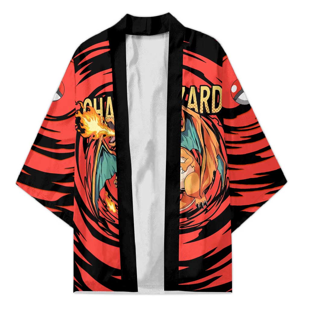 Charizard Pokémon Red and Black Swirl Design Kimono with Flames, Pokéball Accents, and Dynamic Fire-Breathing Pose - The Mazicc
