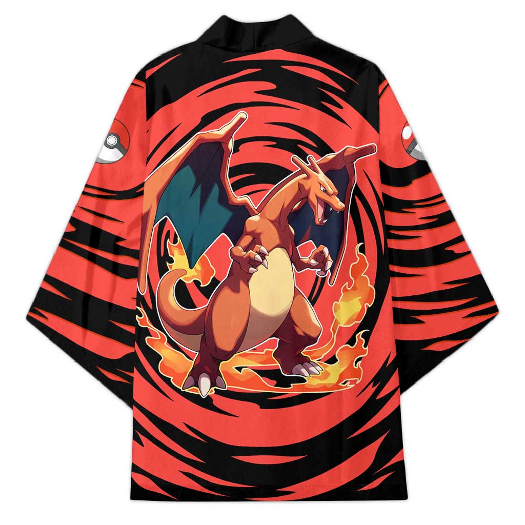 Charizard Pokémon Red and Black Swirl Design Kimono with Flames, Pokéball Accents, and Dynamic Fire-Breathing Pose - The Mazicc