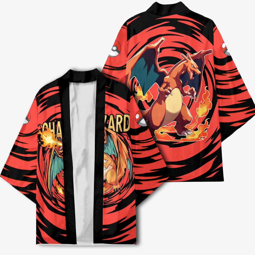 Charizard Pokémon Red and Black Swirl Design Kimono with Flames, Pokéball Accents, and Dynamic Fire-Breathing Pose - The Mazicc