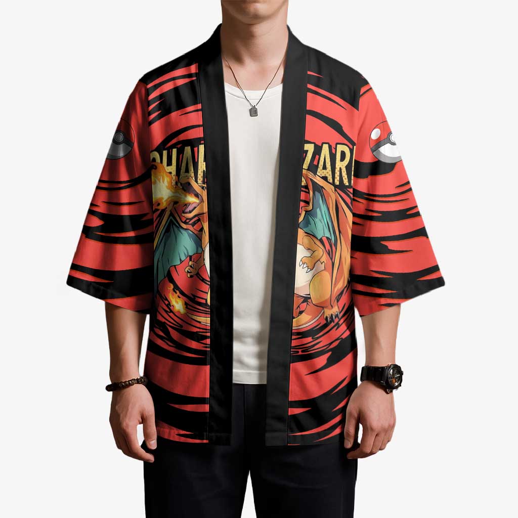 Charizard Pokémon Red and Black Swirl Design Kimono with Flames, Pokéball Accents, and Dynamic Fire-Breathing Pose - The Mazicc