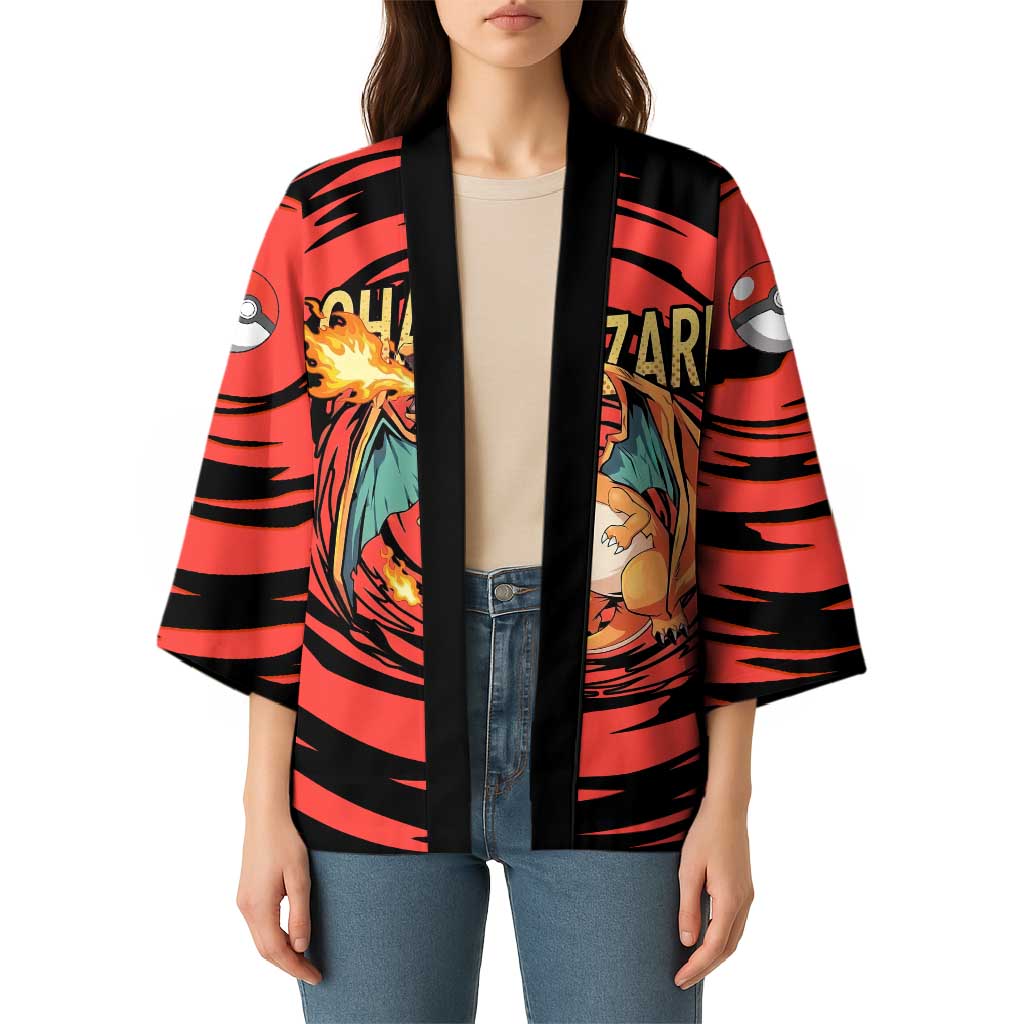 Charizard Pokémon Red and Black Swirl Design Kimono with Flames, Pokéball Accents, and Dynamic Fire-Breathing Pose - The Mazicc