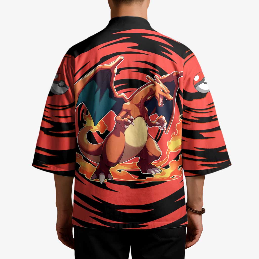 Charizard Pokémon Red and Black Swirl Design Kimono with Flames, Pokéball Accents, and Dynamic Fire-Breathing Pose - The Mazicc