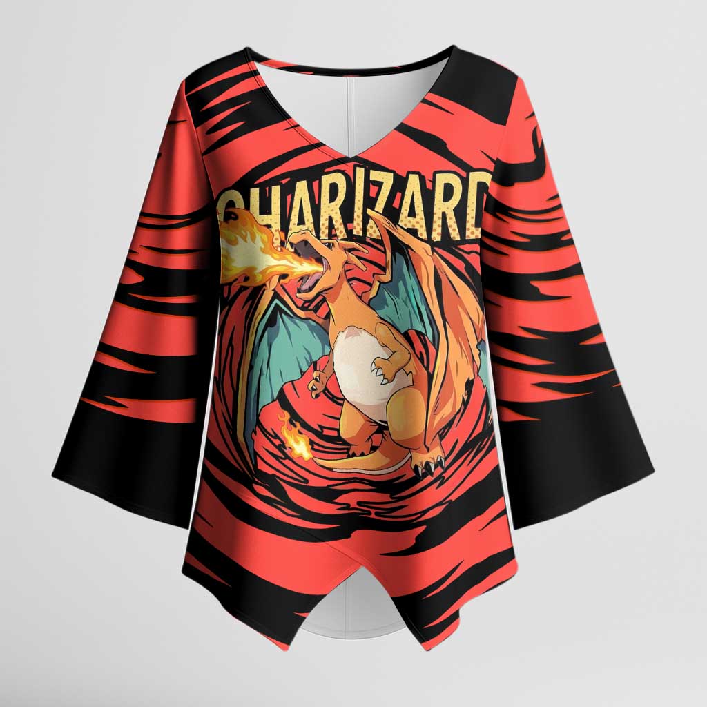 Charizard Pokémon Red and Black Swirl Design Kimono Sleeve Blouse with Flames, Pokéball Accents, and Dynamic Fire-Breathing Pose - The Mazicc