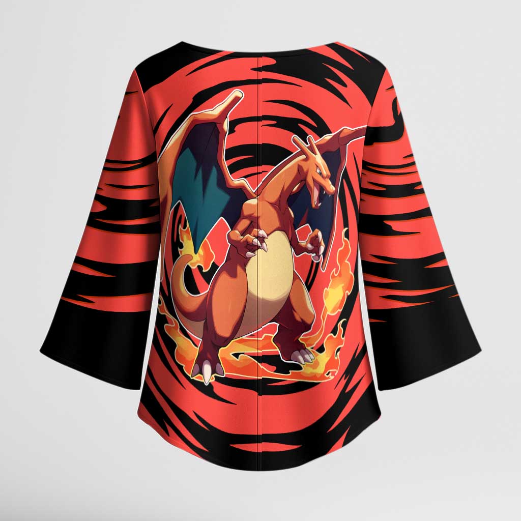 Charizard Pokémon Red and Black Swirl Design Kimono Sleeve Blouse with Flames, Pokéball Accents, and Dynamic Fire-Breathing Pose - The Mazicc