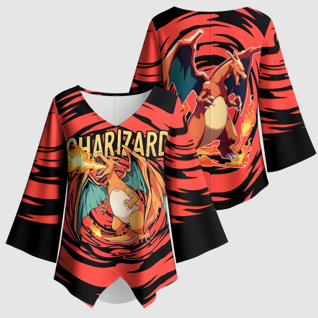 Charizard Pokémon Red and Black Swirl Design Kimono Sleeve Blouse with Flames, Pokéball Accents, and Dynamic Fire-Breathing Pose - The Mazicc