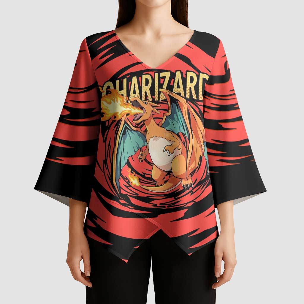 Charizard Pokémon Red and Black Swirl Design Kimono Sleeve Blouse with Flames, Pokéball Accents, and Dynamic Fire-Breathing Pose - The Mazicc