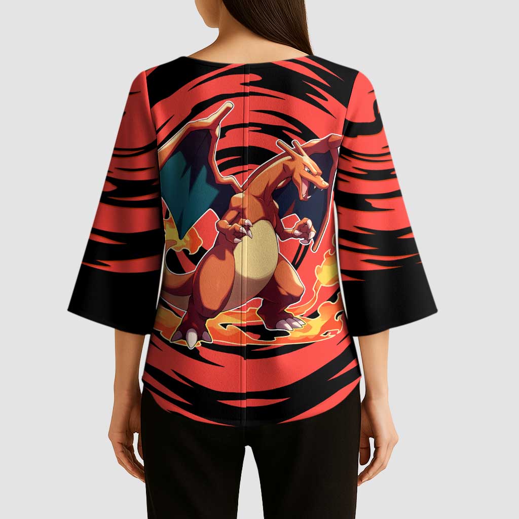 Charizard Pokémon Red and Black Swirl Design Kimono Sleeve Blouse with Flames, Pokéball Accents, and Dynamic Fire-Breathing Pose - The Mazicc
