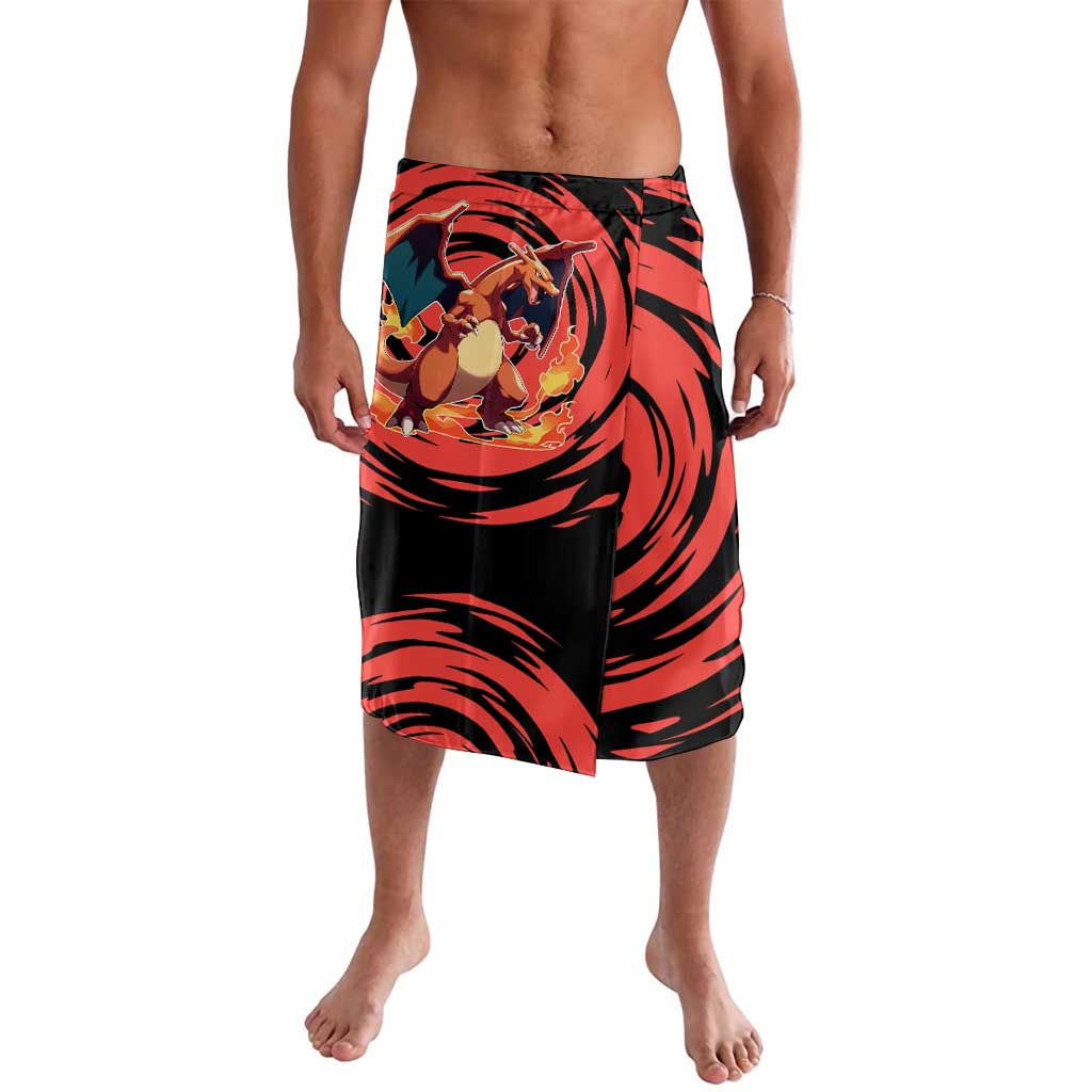 Charizard Pokémon Red and Black Swirl Design Lavalava with Flames, Pokéball Accents, and Dynamic Fire-Breathing Pose - The Mazicc