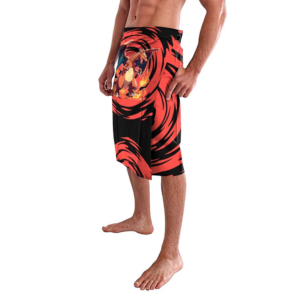 Charizard Pokémon Red and Black Swirl Design Lavalava with Flames, Pokéball Accents, and Dynamic Fire-Breathing Pose - The Mazicc