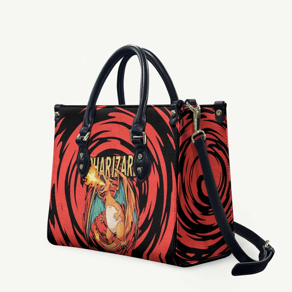 Charizard Pokémon Red and Black Swirl Design Leather Bag with Flames, Pokéball Accents, and Dynamic Fire-Breathing Pose - The Mazicc