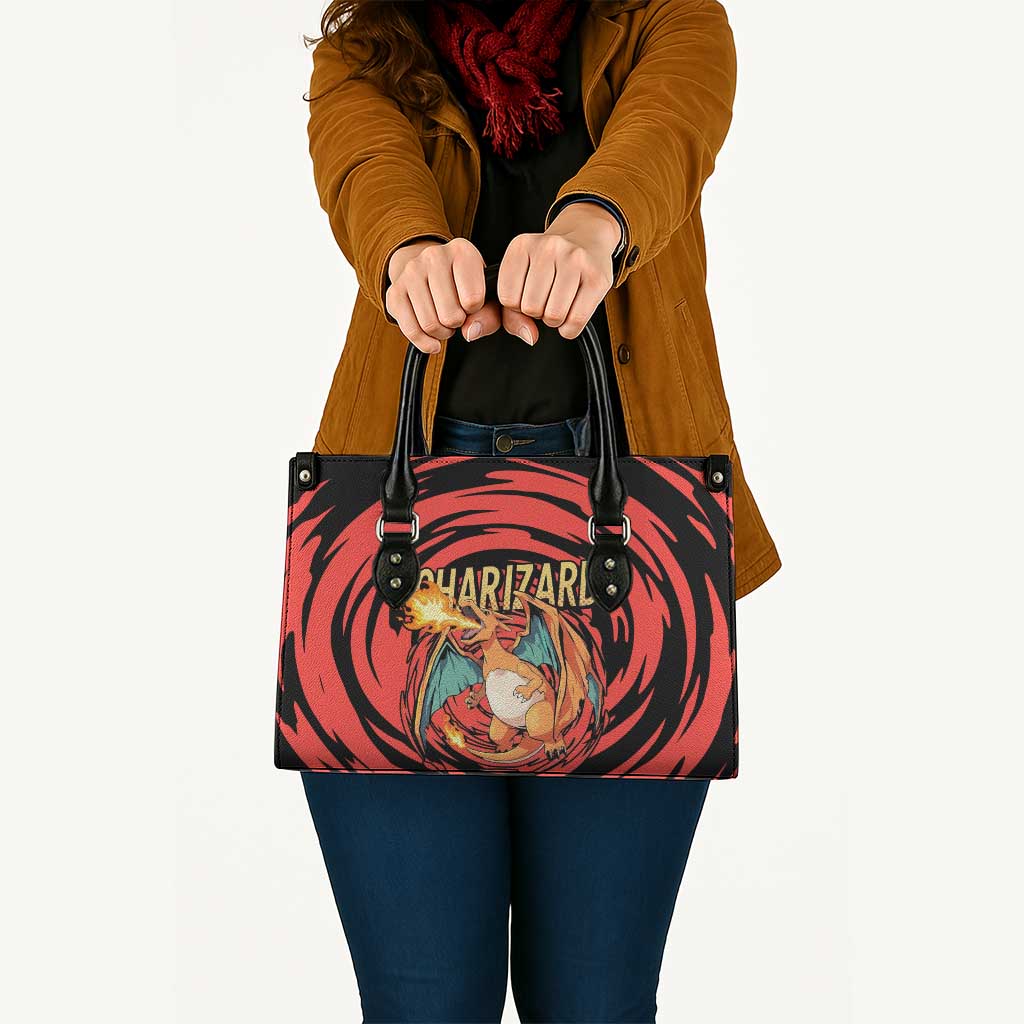 Charizard Pokémon Red and Black Swirl Design Leather Bag with Flames, Pokéball Accents, and Dynamic Fire-Breathing Pose - The Mazicc