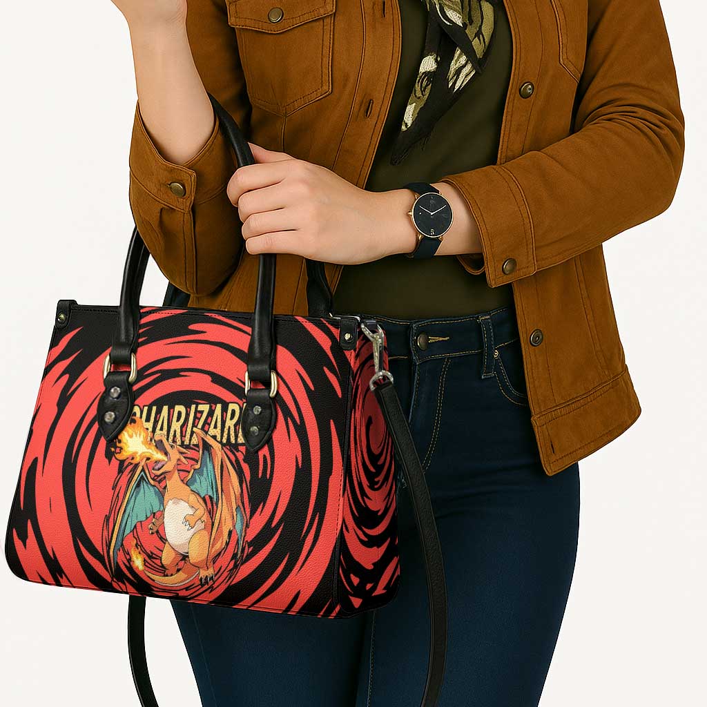 Charizard Pokémon Red and Black Swirl Design Leather Bag with Flames, Pokéball Accents, and Dynamic Fire-Breathing Pose - The Mazicc