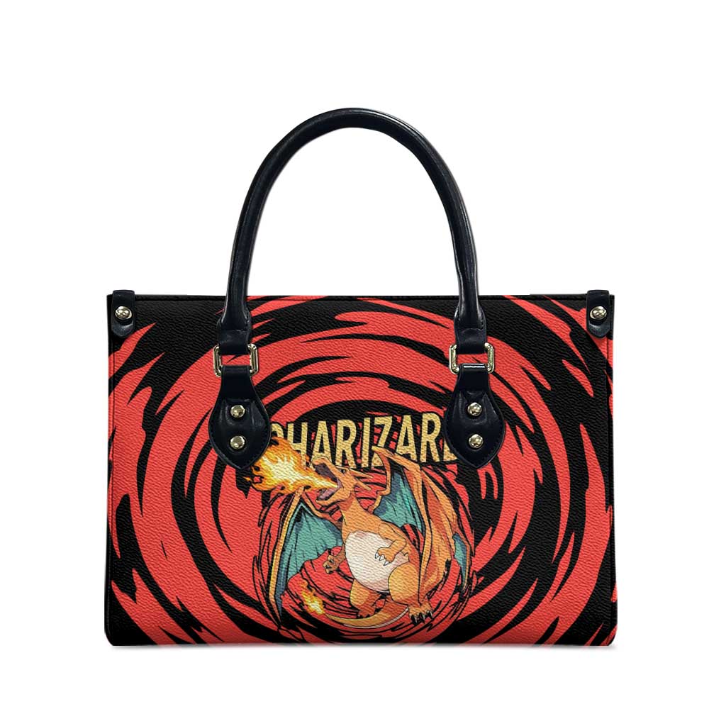 Charizard Pokémon Red and Black Swirl Design Leather Bag with Flames, Pokéball Accents, and Dynamic Fire-Breathing Pose - The Mazicc