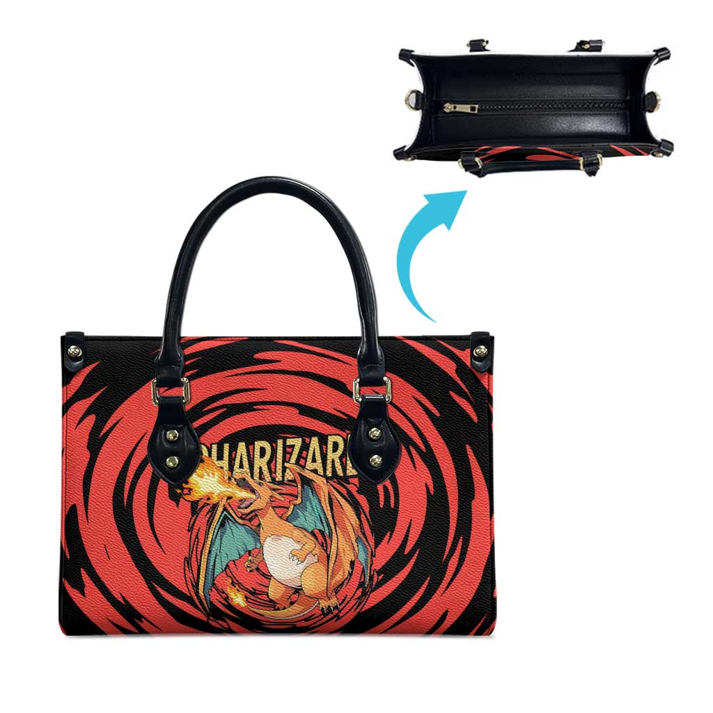 Charizard Pokémon Red and Black Swirl Design Leather Bag with Flames, Pokéball Accents, and Dynamic Fire-Breathing Pose - The Mazicc