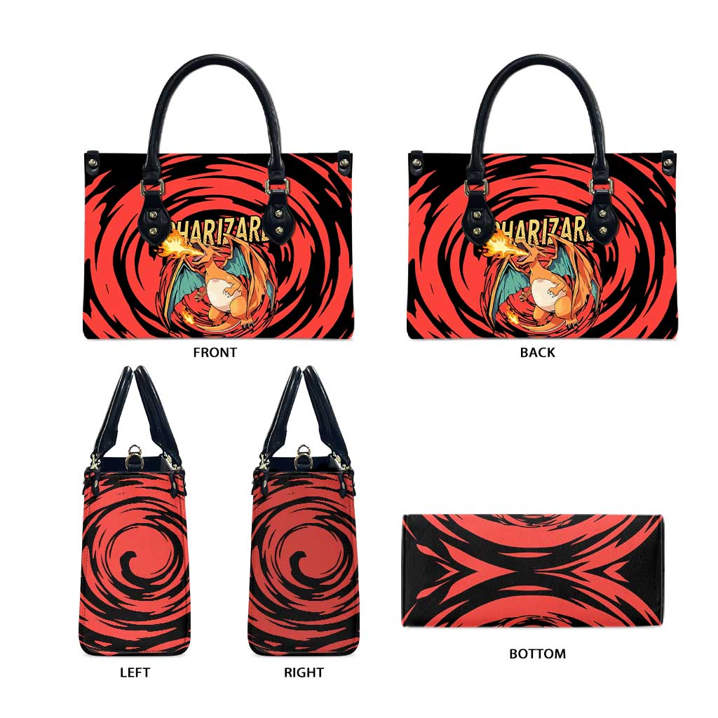 Charizard Pokémon Red and Black Swirl Design Leather Bag with Flames, Pokéball Accents, and Dynamic Fire-Breathing Pose - The Mazicc