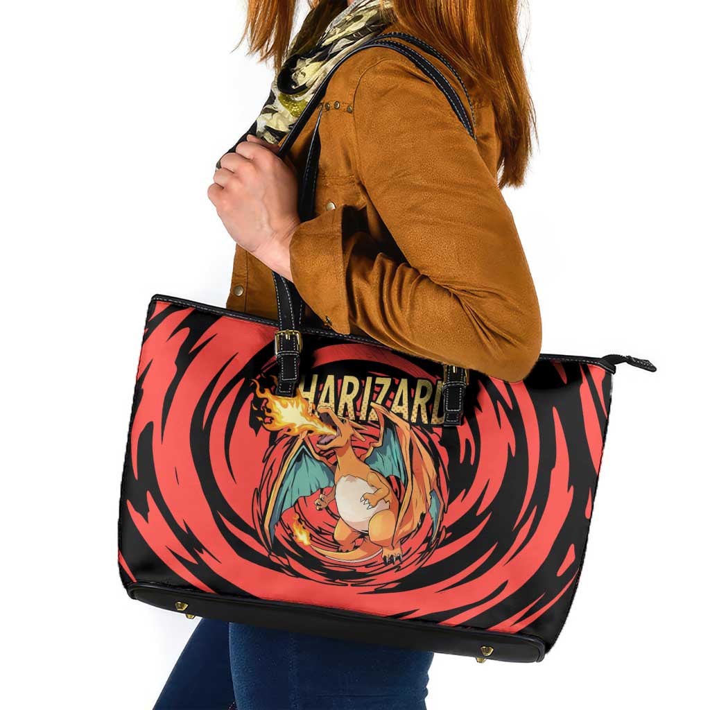 Charizard Pokémon Red and Black Swirl Design Leather Tote Bag with Flames, Pokéball Accents, and Dynamic Fire-Breathing Pose - The Mazicc