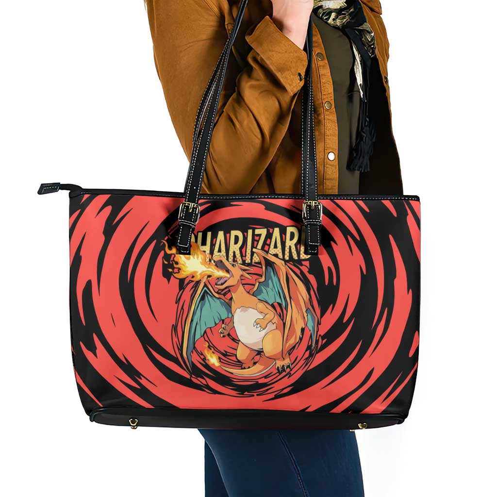 Charizard Pokémon Red and Black Swirl Design Leather Tote Bag with Flames, Pokéball Accents, and Dynamic Fire-Breathing Pose - The Mazicc