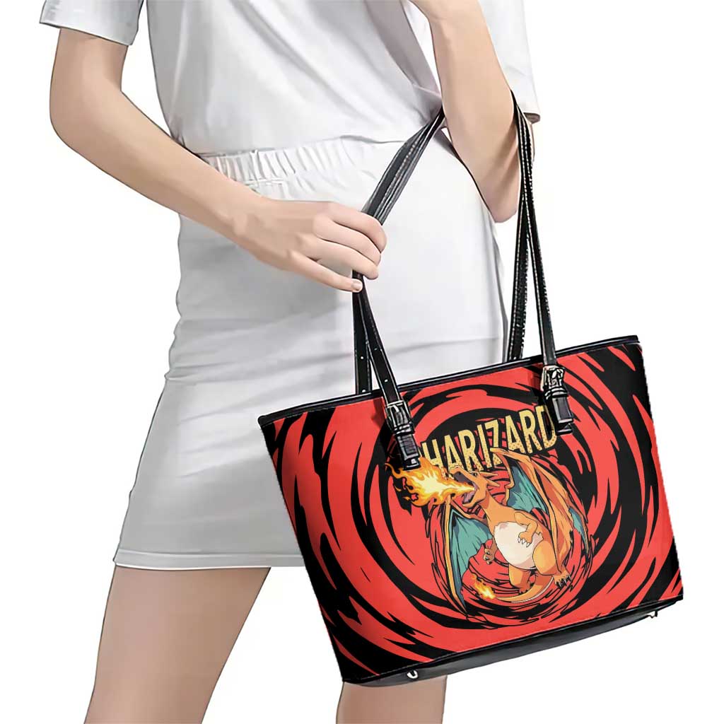 Charizard Pokémon Red and Black Swirl Design Leather Tote Bag with Flames, Pokéball Accents, and Dynamic Fire-Breathing Pose - The Mazicc