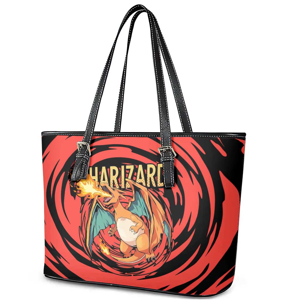 Charizard Pokémon Red and Black Swirl Design Leather Tote Bag with Flames, Pokéball Accents, and Dynamic Fire-Breathing Pose - The Mazicc