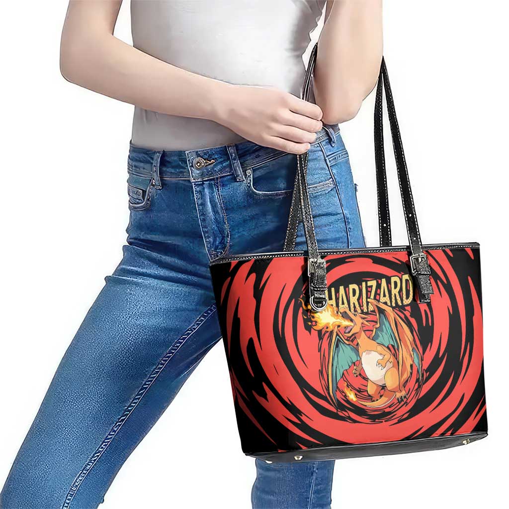Charizard Pokémon Red and Black Swirl Design Leather Tote Bag with Flames, Pokéball Accents, and Dynamic Fire-Breathing Pose - The Mazicc