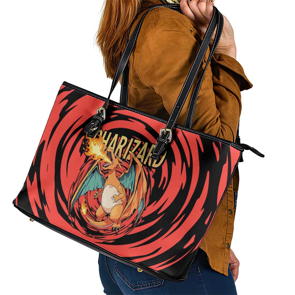 Charizard Pokémon Red and Black Swirl Design Leather Tote Bag with Flames, Pokéball Accents, and Dynamic Fire-Breathing Pose - The Mazicc