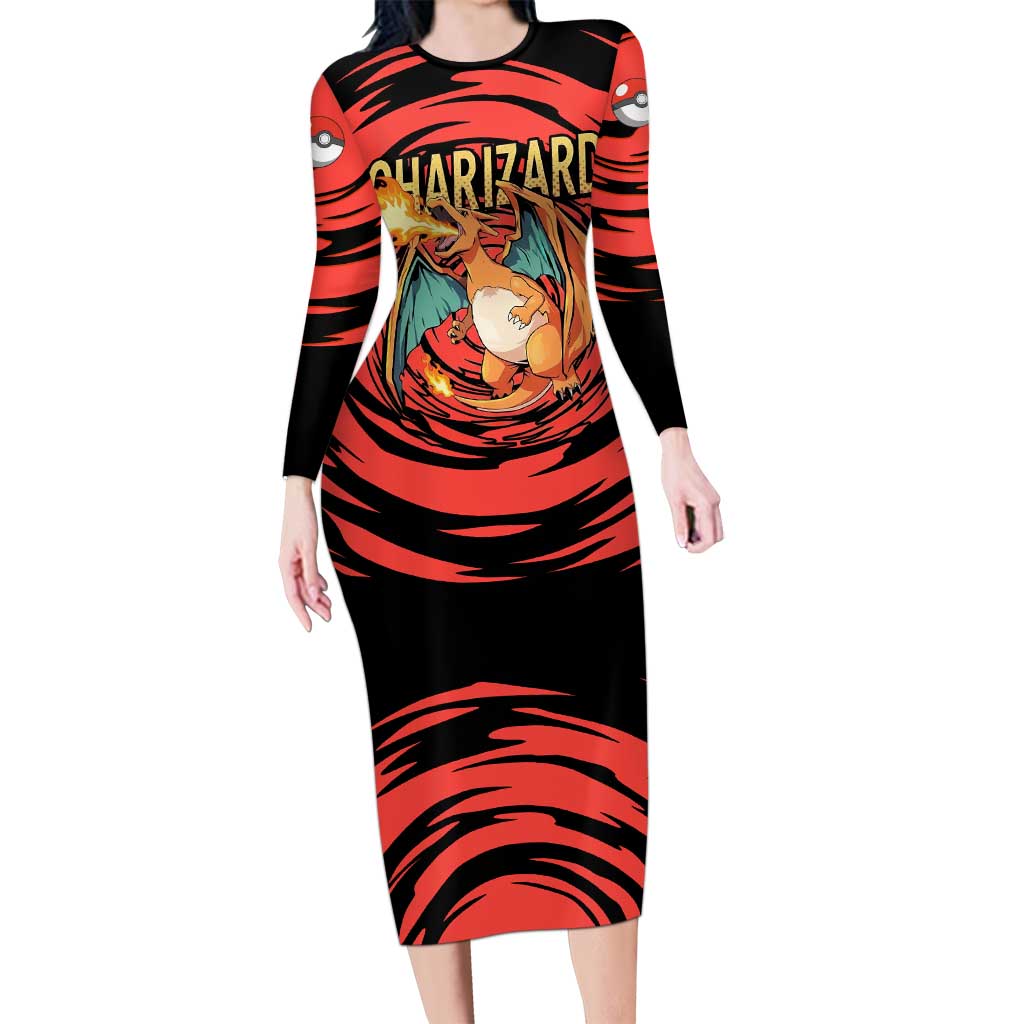 Charizard Pokémon Red and Black Swirl Design Long Sleeve Bodycon Dress with Flames, Pokéball Accents, and Dynamic Fire-Breathing Pose - The Mazicc