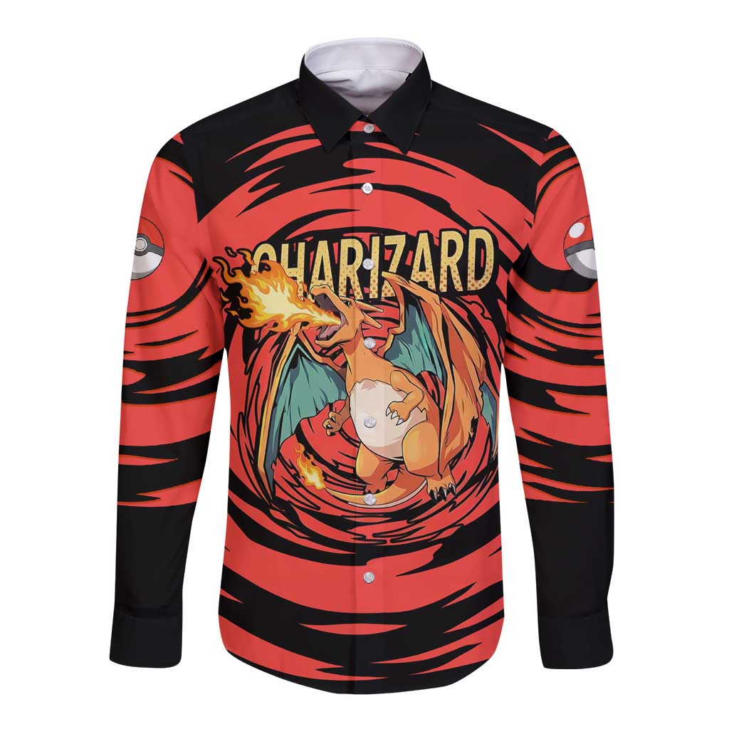 Charizard Pokémon Red and Black Swirl Design Long Sleeve Button Shirt with Flames, Pokéball Accents, and Dynamic Fire-Breathing Pose - The Mazicc