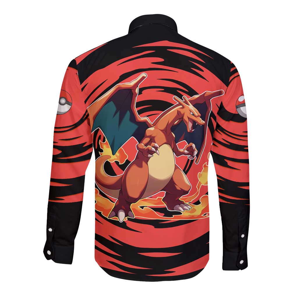 Charizard Pokémon Red and Black Swirl Design Long Sleeve Button Shirt with Flames, Pokéball Accents, and Dynamic Fire-Breathing Pose - The Mazicc