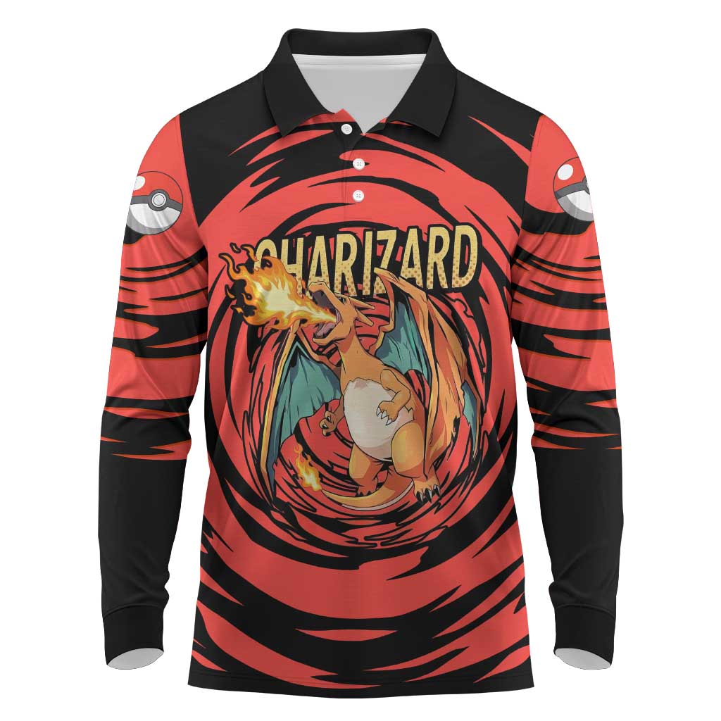 Charizard Pokémon Red and Black Swirl Design Long Sleeve Polo Shirt with Flames, Pokéball Accents, and Dynamic Fire-Breathing Pose - The Mazicc