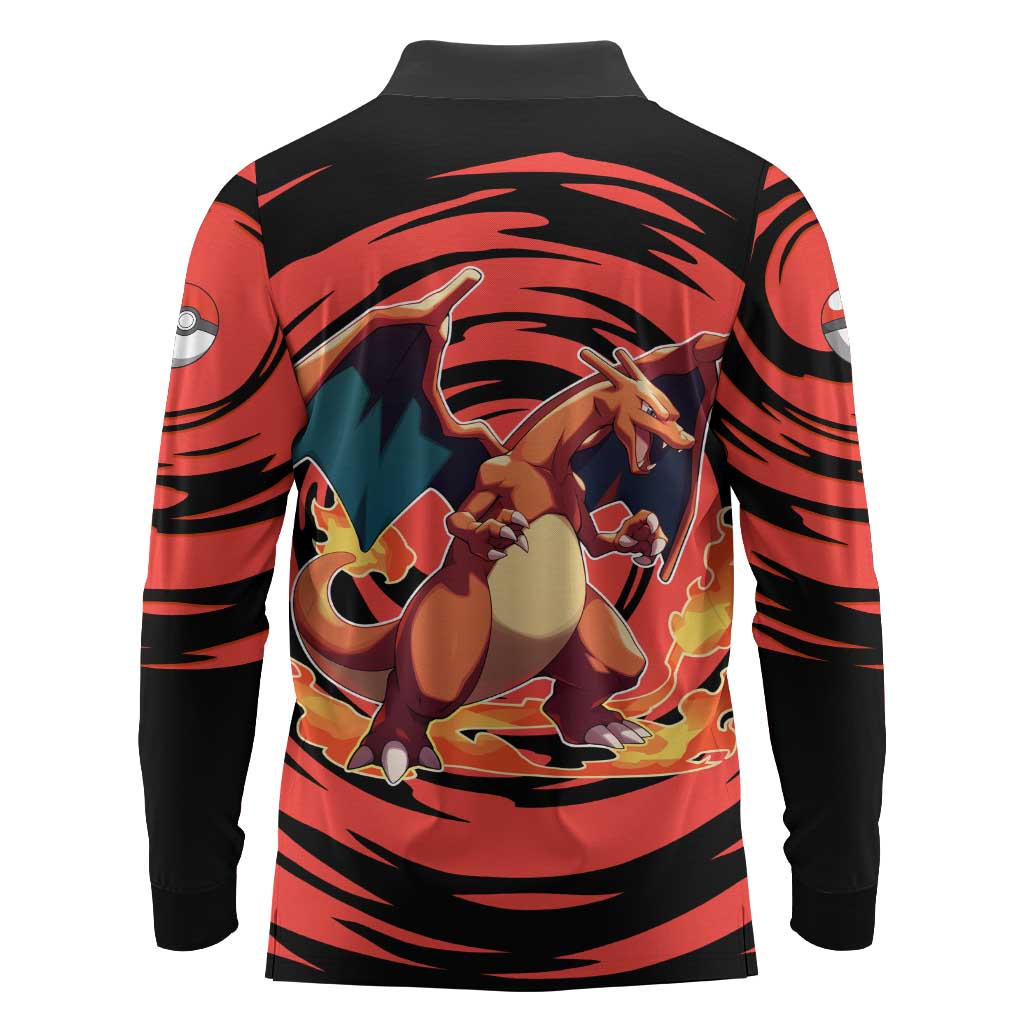 Charizard Pokémon Red and Black Swirl Design Long Sleeve Polo Shirt with Flames, Pokéball Accents, and Dynamic Fire-Breathing Pose - The Mazicc