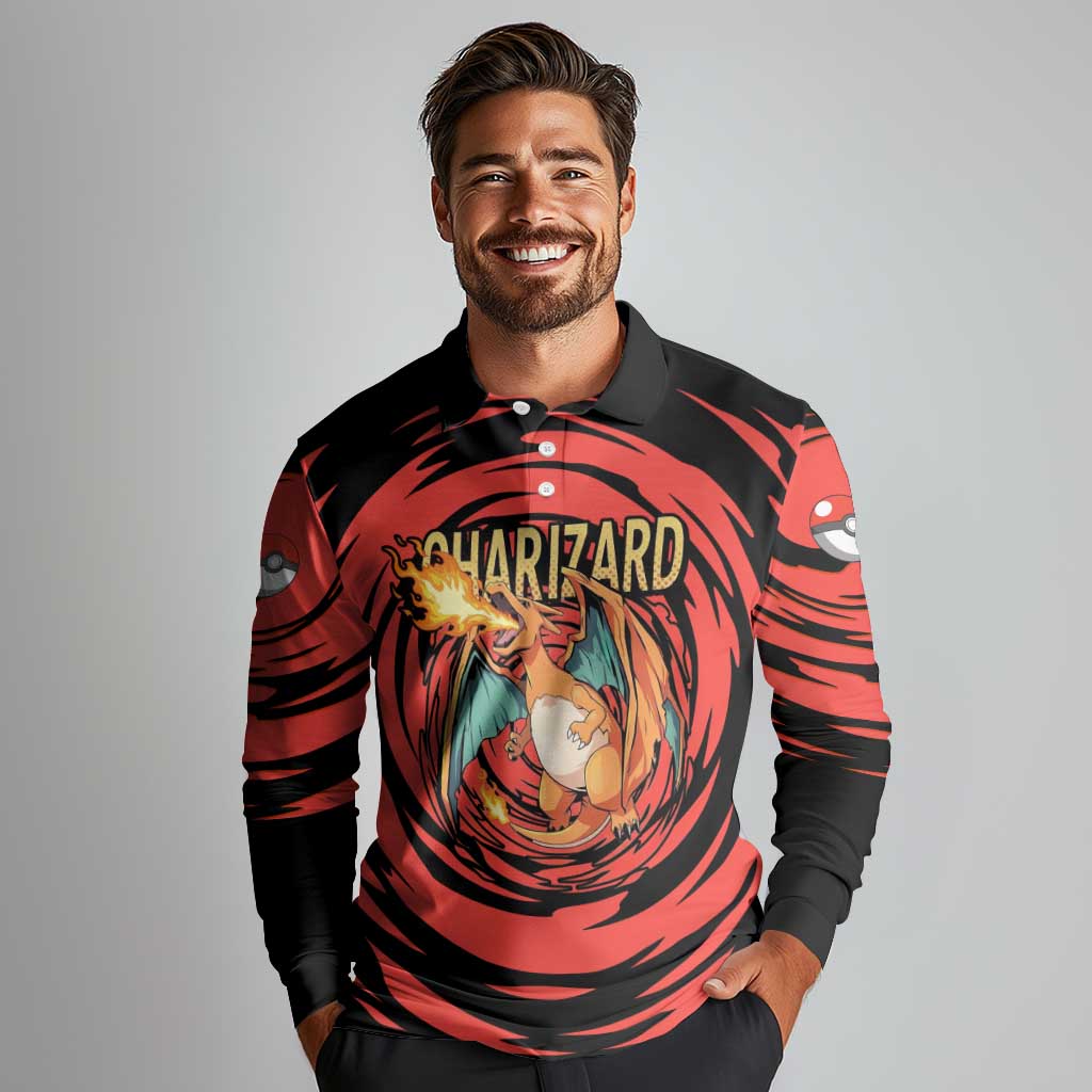 Charizard Pokémon Red and Black Swirl Design Long Sleeve Polo Shirt with Flames, Pokéball Accents, and Dynamic Fire-Breathing Pose - The Mazicc