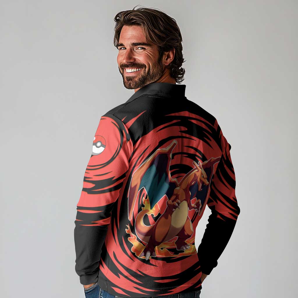 Charizard Pokémon Red and Black Swirl Design Long Sleeve Polo Shirt with Flames, Pokéball Accents, and Dynamic Fire-Breathing Pose - The Mazicc