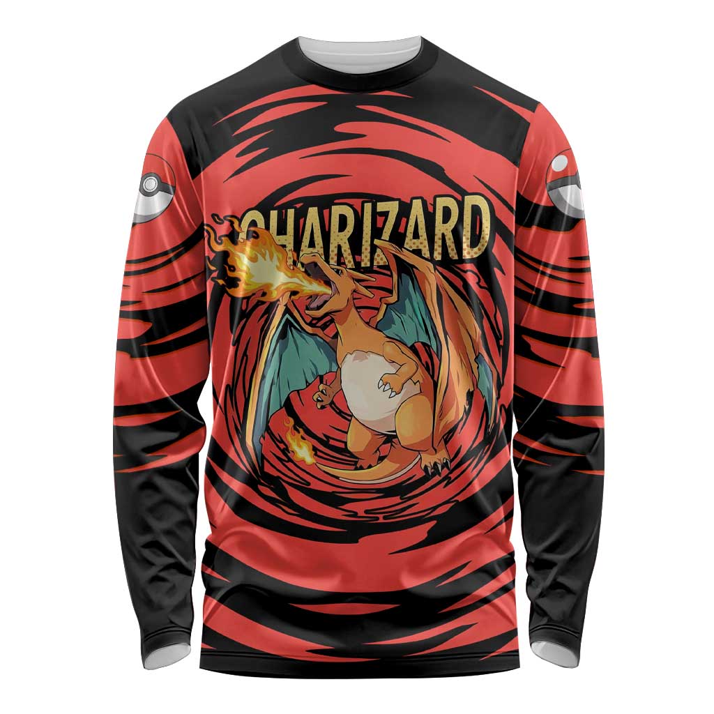 Charizard Pokémon Red and Black Swirl Design Long Sleeve Shirt with Flames, Pokéball Accents, and Dynamic Fire-Breathing Pose - The Mazicc
