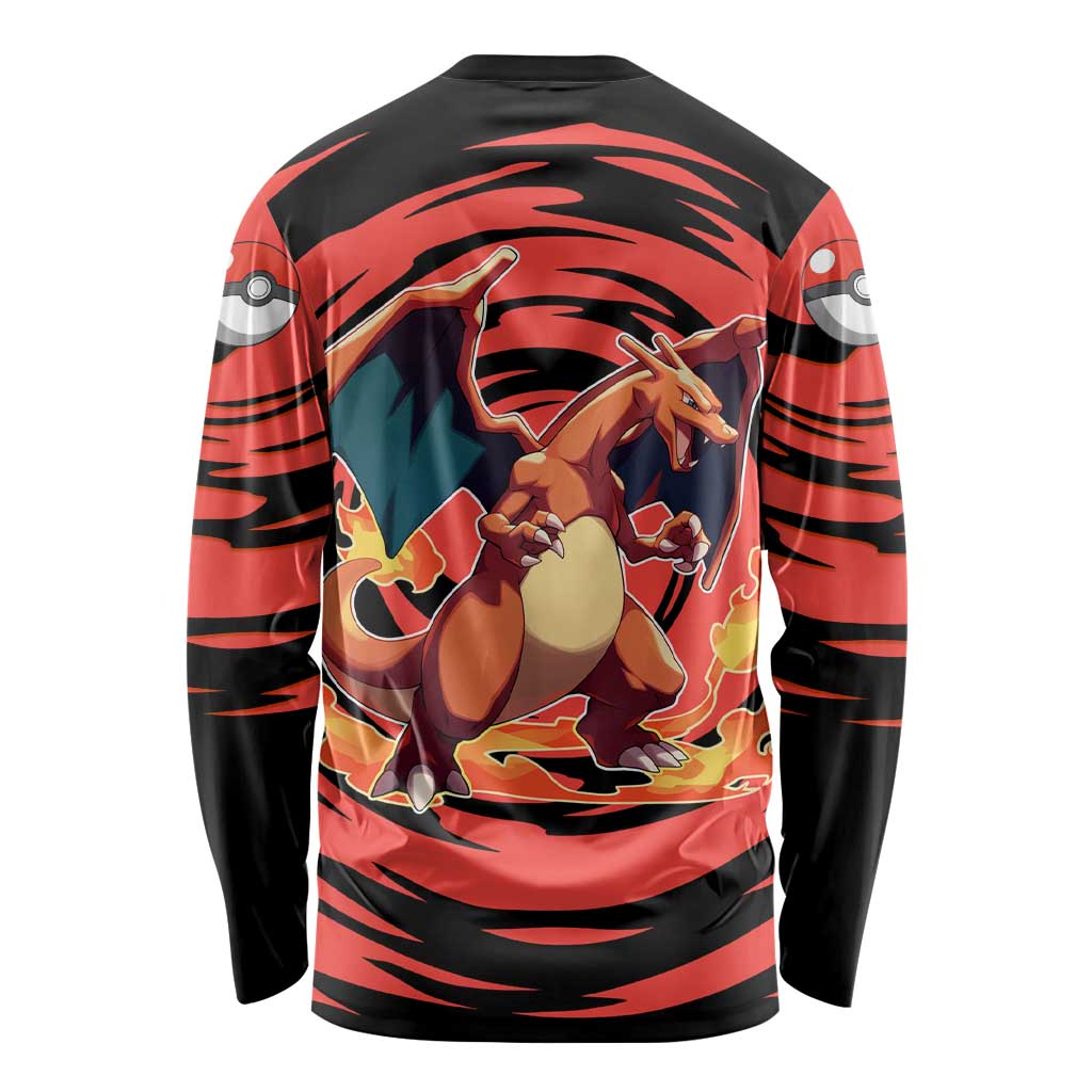 Charizard Pokémon Red and Black Swirl Design Long Sleeve Shirt with Flames, Pokéball Accents, and Dynamic Fire-Breathing Pose - The Mazicc