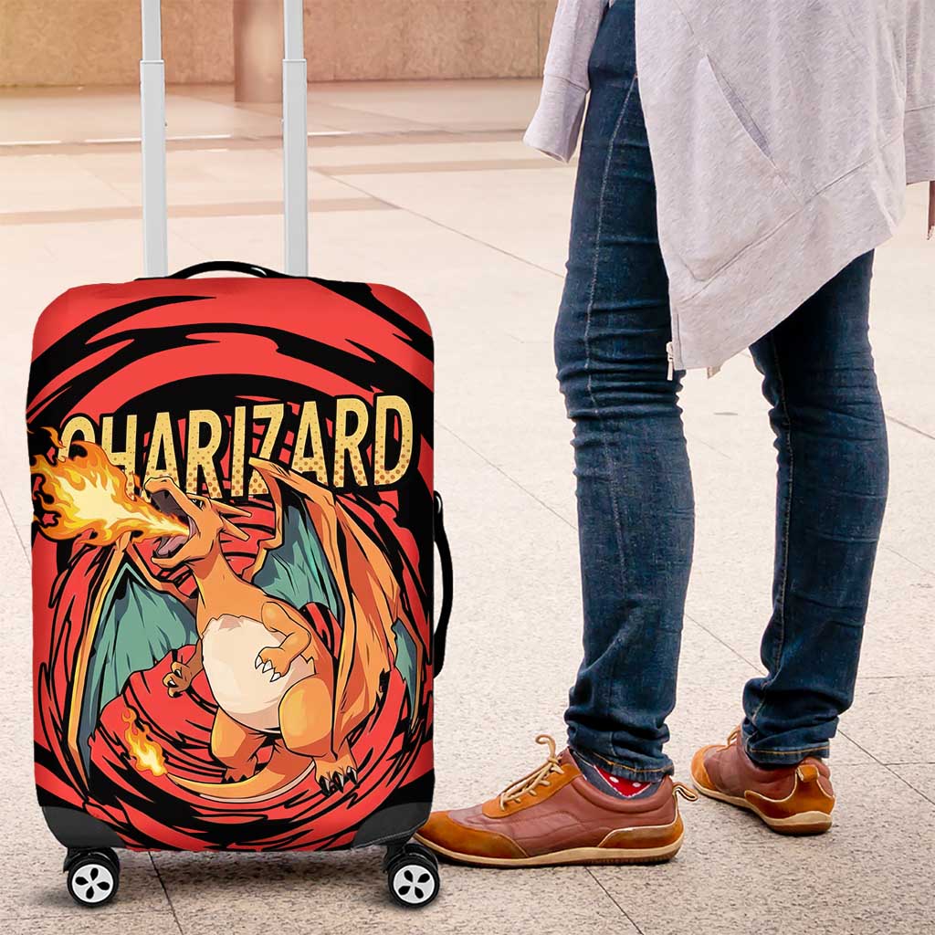 Charizard Pokémon Red and Black Swirl Design Luggage Cover with Flames, Pokéball Accents, and Dynamic Fire-Breathing Pose - The Mazicc