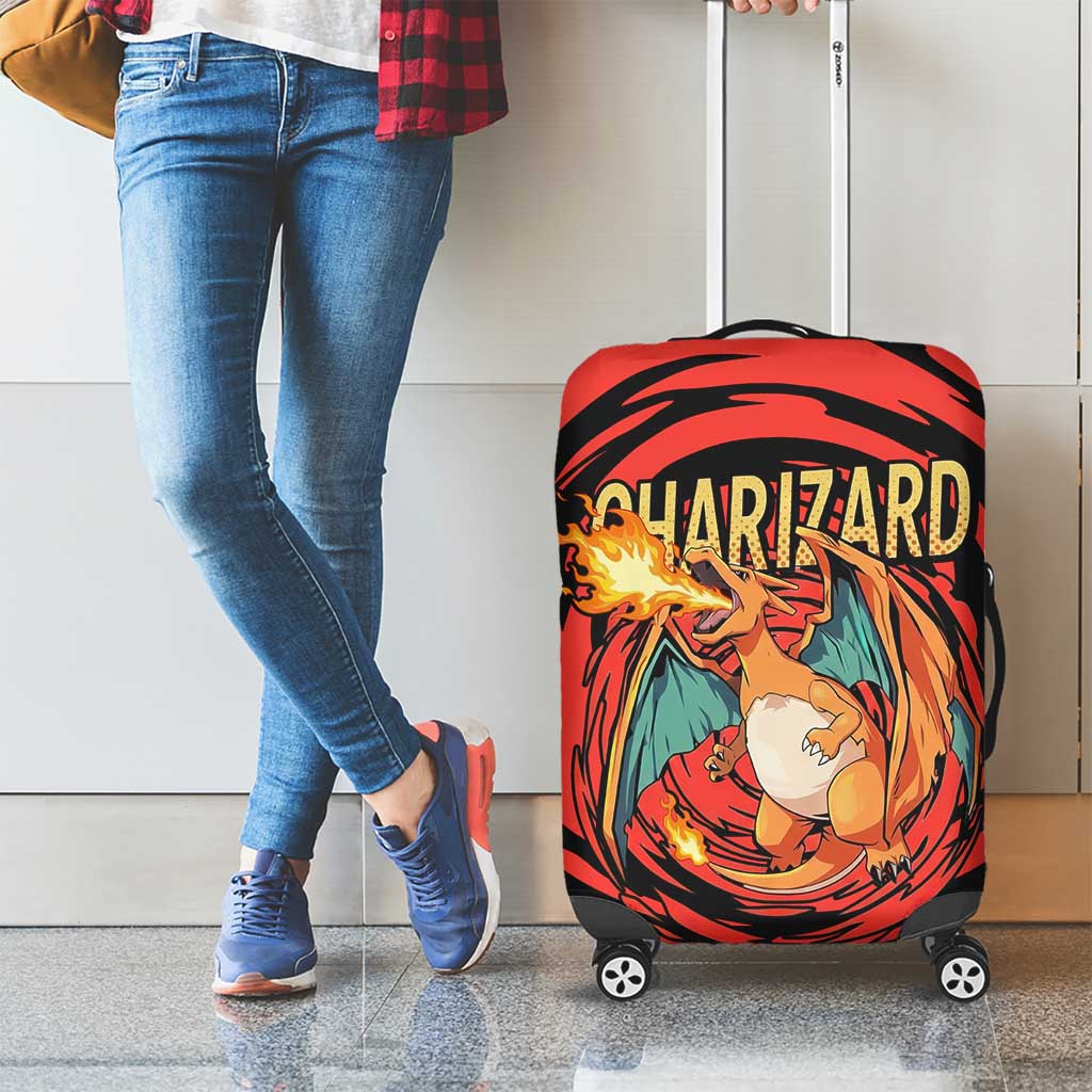 Charizard Pokémon Red and Black Swirl Design Luggage Cover with Flames, Pokéball Accents, and Dynamic Fire-Breathing Pose - The Mazicc