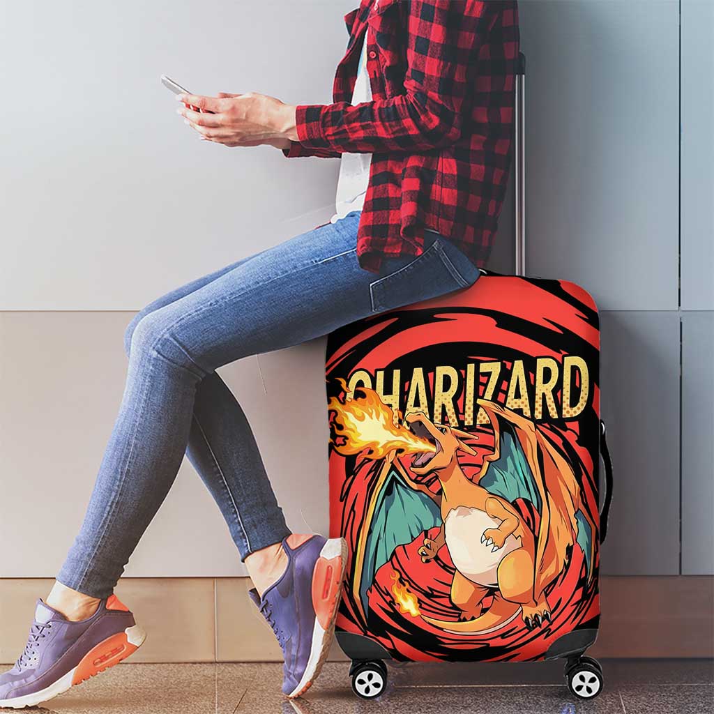 Charizard Pokémon Red and Black Swirl Design Luggage Cover with Flames, Pokéball Accents, and Dynamic Fire-Breathing Pose - The Mazicc