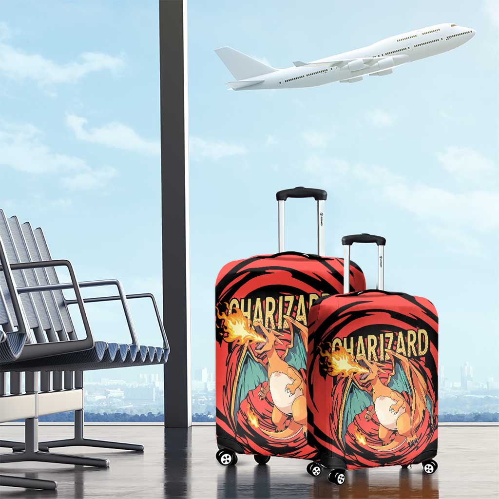 Charizard Pokémon Red and Black Swirl Design Luggage Cover with Flames, Pokéball Accents, and Dynamic Fire-Breathing Pose - The Mazicc