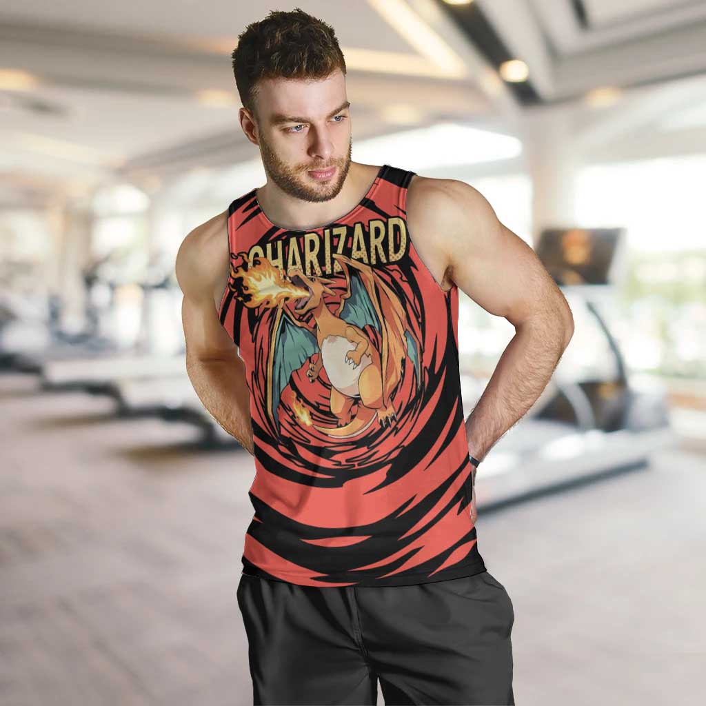 Charizard Pokémon Red and Black Swirl Design Men Tank Top with Flames, Pokéball Accents, and Dynamic Fire-Breathing Pose - The Mazicc