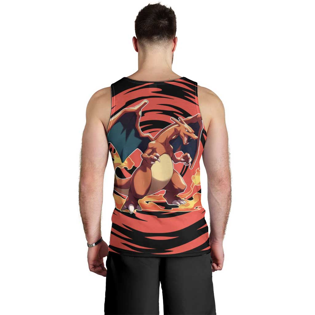 Charizard Pokémon Red and Black Swirl Design Men Tank Top with Flames, Pokéball Accents, and Dynamic Fire-Breathing Pose - The Mazicc