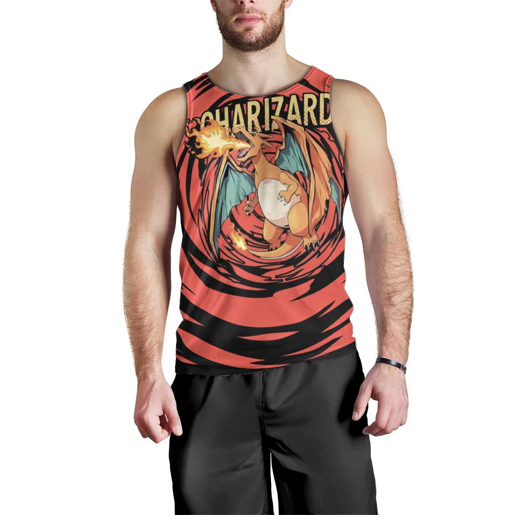 Charizard Pokémon Red and Black Swirl Design Men Tank Top with Flames, Pokéball Accents, and Dynamic Fire-Breathing Pose - The Mazicc