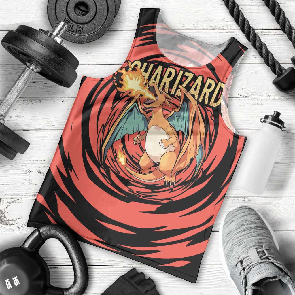 Charizard Pokémon Red and Black Swirl Design Men Tank Top with Flames, Pokéball Accents, and Dynamic Fire-Breathing Pose - The Mazicc