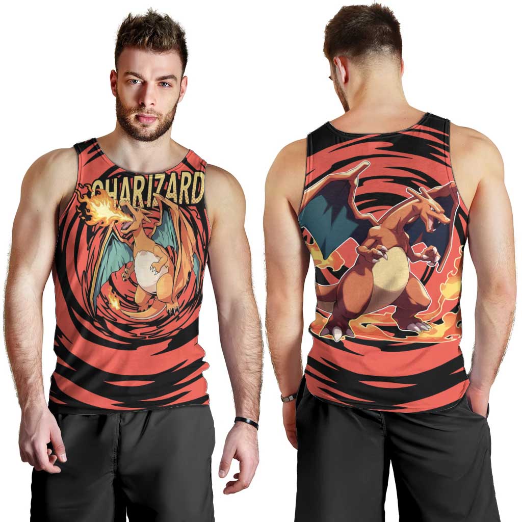 Charizard Pokémon Red and Black Swirl Design Men Tank Top with Flames, Pokéball Accents, and Dynamic Fire-Breathing Pose - The Mazicc