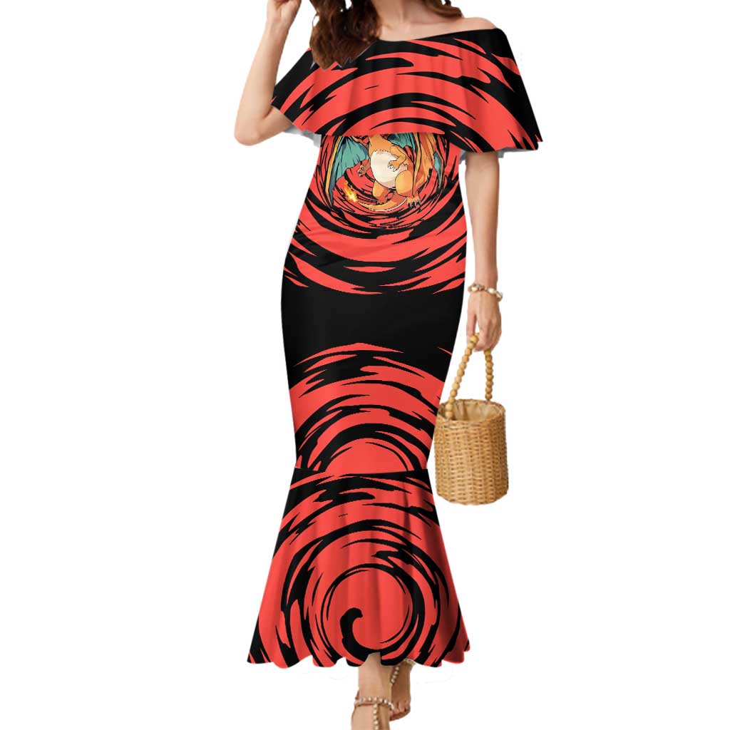 Charizard Pokémon Red and Black Swirl Design Mermaid Dress with Flames, Pokéball Accents, and Dynamic Fire-Breathing Pose - The Mazicc